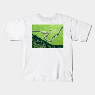 Aerial view of canoes on Rospuda river on a sunny day Kids T-Shirt